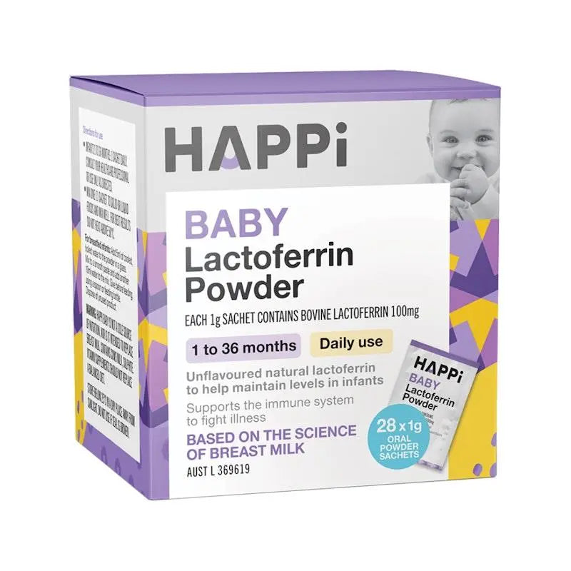 HAPPi Baby Lactoferrin Powder Sachets 28 x 1g sachets, lactoferrin supplement for babies and children to support immune health and daily nutrition.