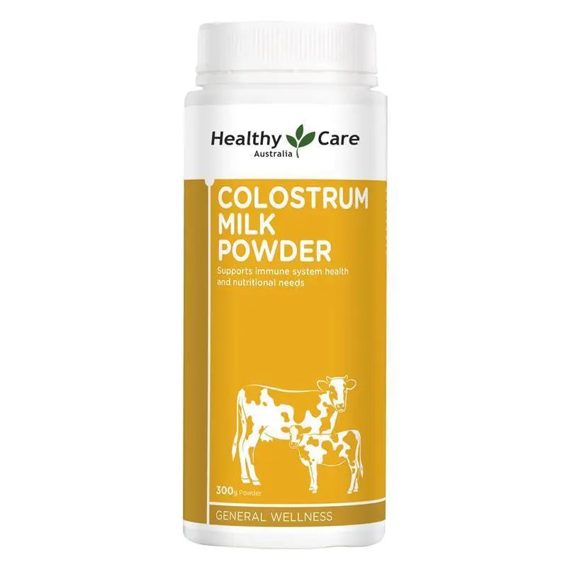 Healthy Care Colostrum Powder 300g, premium bovine colostrum supplement to support immune health, nutrition and overall wellbeing for the whole family.