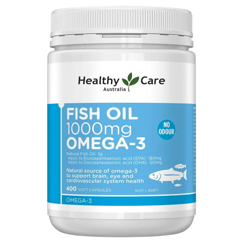 Healthy Care Fish Oil 1000mg Omega 3 400 Capsules, premium fish oil supplement providing omega-3 fatty acids to support heart, brain, eye and joint health.