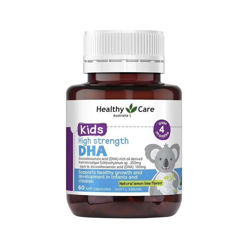 Healthy Care Kids DHA 60 Capsules, children’s omega-3 supplement supporting brain development, cognitive function and healthy eye growth.