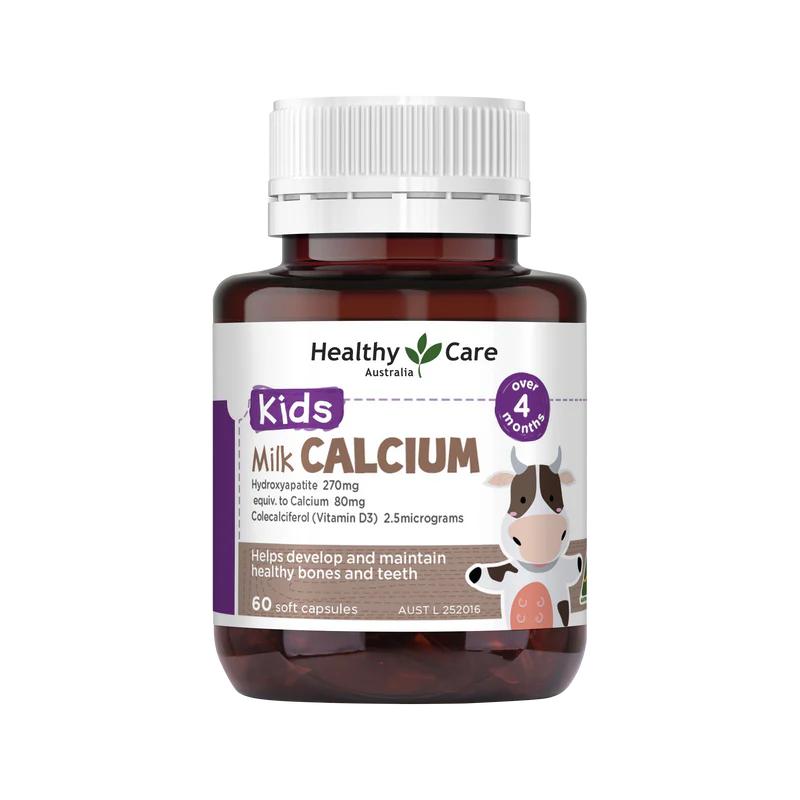 Healthy Care Milk Calcium 60 Capsules, calcium supplement supporting bone strength, teeth health and overall skeletal development.
