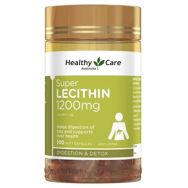Healthy Care Super Lecithin 1200mg 100 Capsules, lecithin supplement supporting liver health, brain function and healthy fat metabolism.
