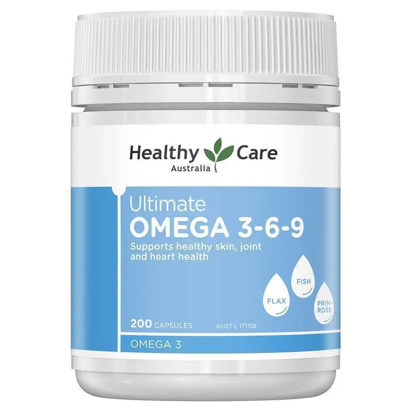 Healthy Care Ultimate Omega 3-6-9 200 Capsules, essential fatty acid supplement supporting heart health, brain function and joint mobility.