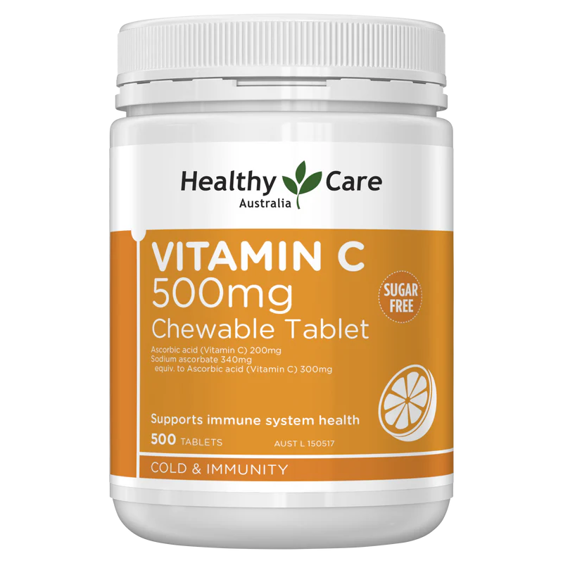 Healthy Care Vitamin C 500mg Chewable 500 Tablets, immune support supplement providing antioxidant protection and daily vitamin C for adults and children.