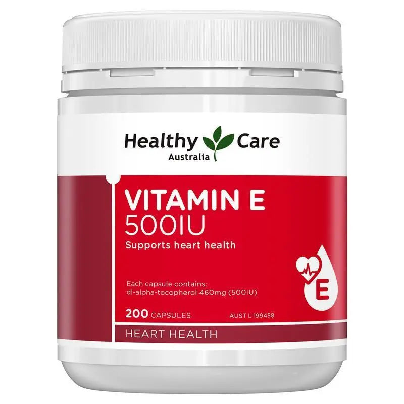 Healthy Care Vitamin E 500IU 200 Capsules, antioxidant vitamin supplement supporting skin health, immune function and cellular protection.