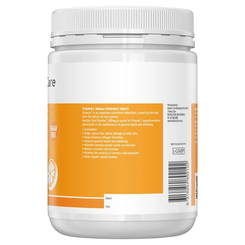Healthy Care Vitamin C 500mg Chewable 500 Tablets, immune support supplement providing antioxidant protection and daily vitamin C for adults and children.