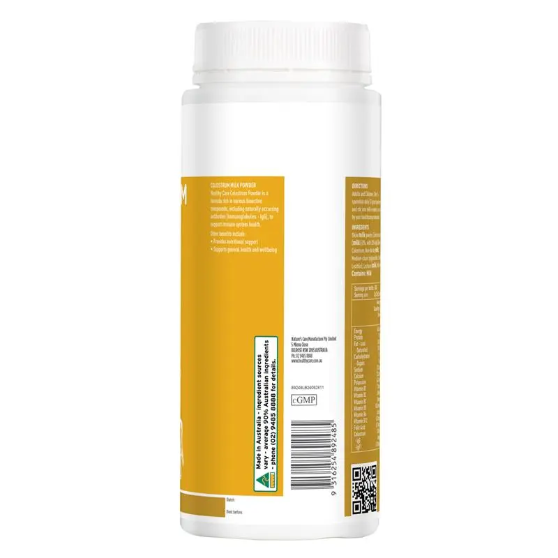 Healthy Care Colostrum Powder 300g, premium bovine colostrum supplement to support immune health, nutrition and overall wellbeing for the whole family.