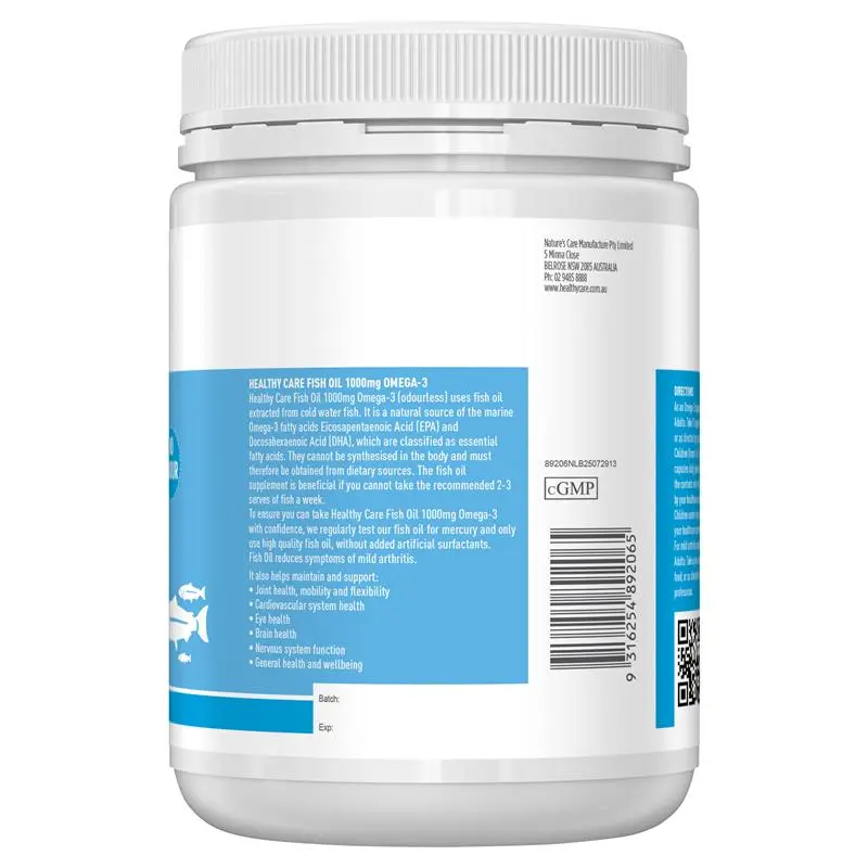 Healthy Care Fish Oil 1000mg Omega 3 400 Capsules, premium fish oil supplement providing omega-3 fatty acids to support heart, brain, eye and joint health.