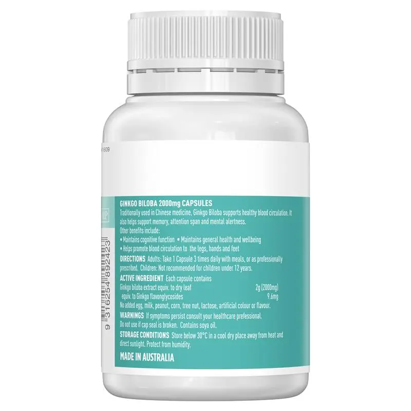 Healthy Care Ginkgo Biloba 2000mg 100 Softgel Capsules, herbal supplement supporting memory, concentration, mental clarity and healthy circulation.