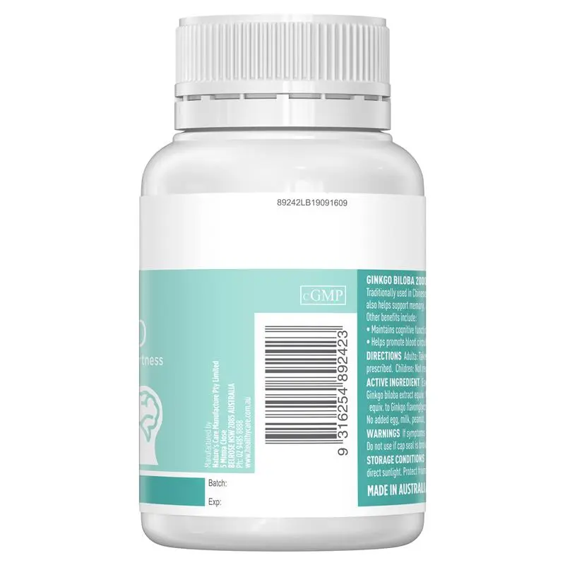 Healthy Care Ginkgo Biloba 2000mg 100 Softgel Capsules, herbal supplement supporting memory, concentration, mental clarity and healthy circulation.
