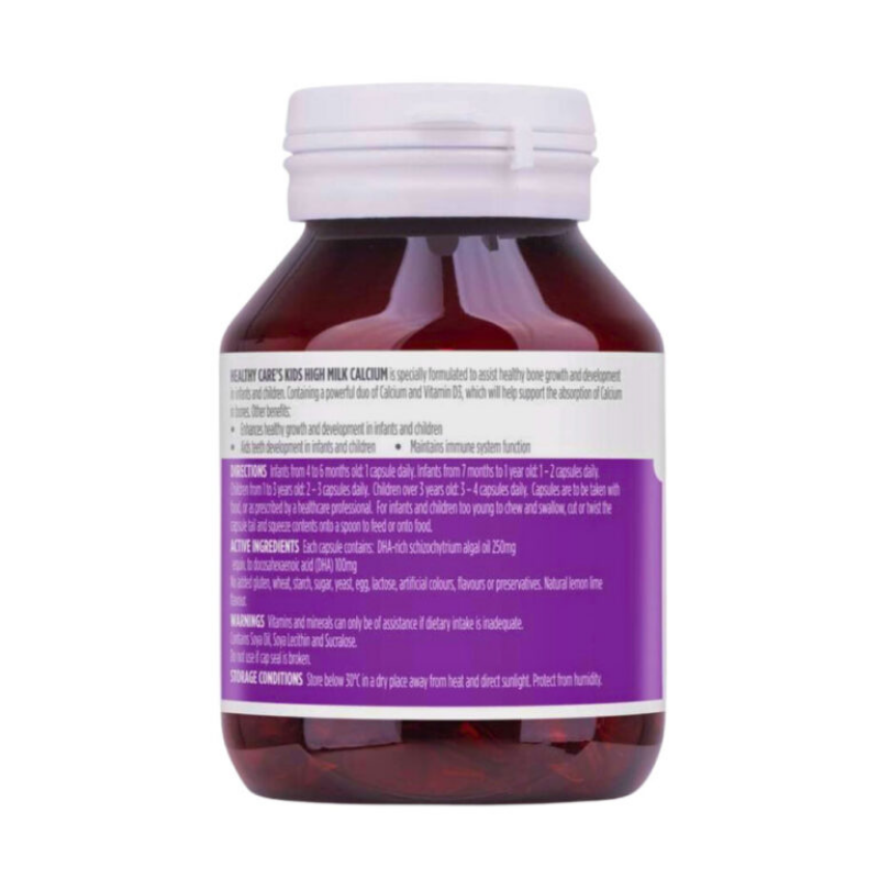 Healthy Care Milk Calcium 60 Capsules, calcium supplement supporting bone strength, teeth health and overall skeletal development.