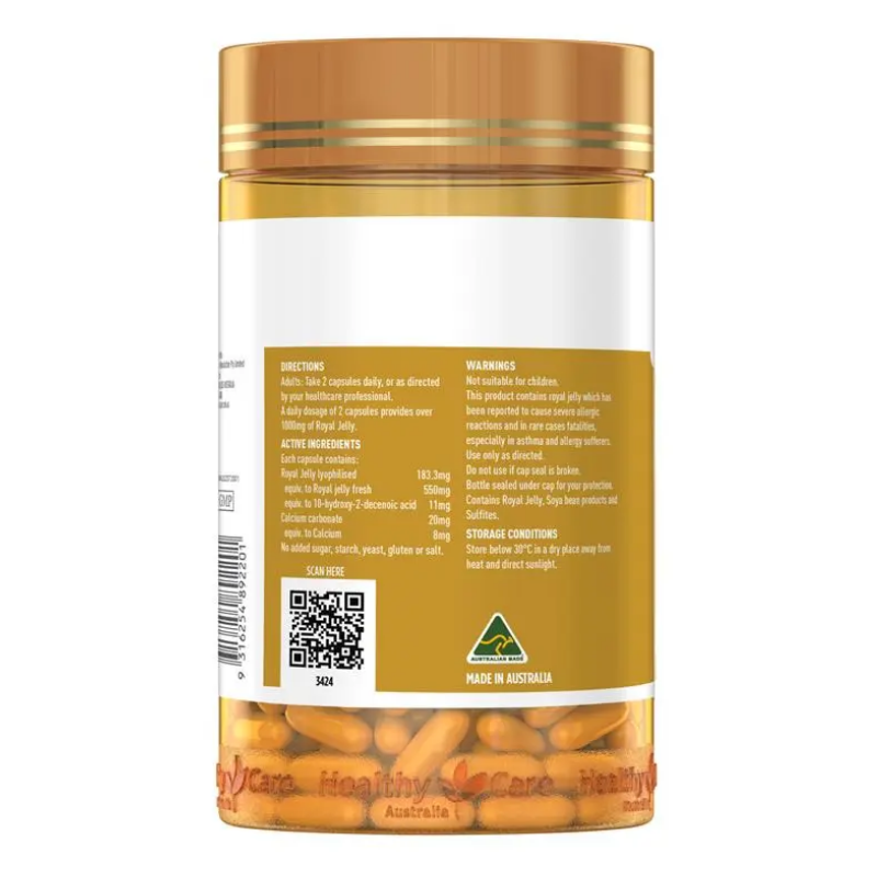 Healthy Care Royal Jelly 365 Capsules, premium bee-derived supplement supporting energy, immunity and overall vitality.