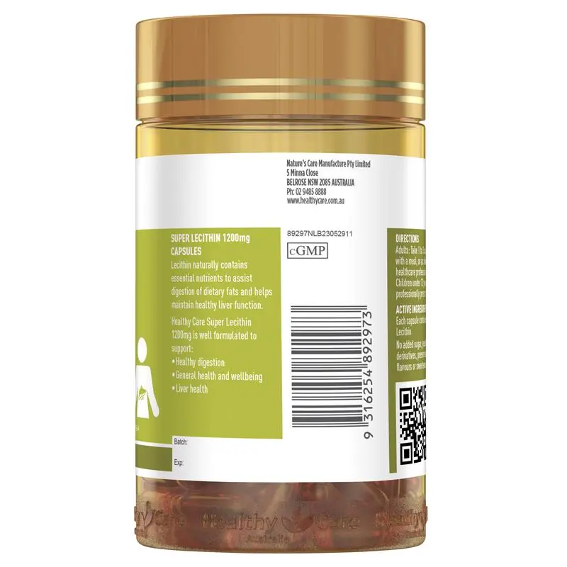 Healthy Care Super Lecithin 1200mg 100 Capsules, lecithin supplement supporting liver health, brain function and healthy fat metabolism.