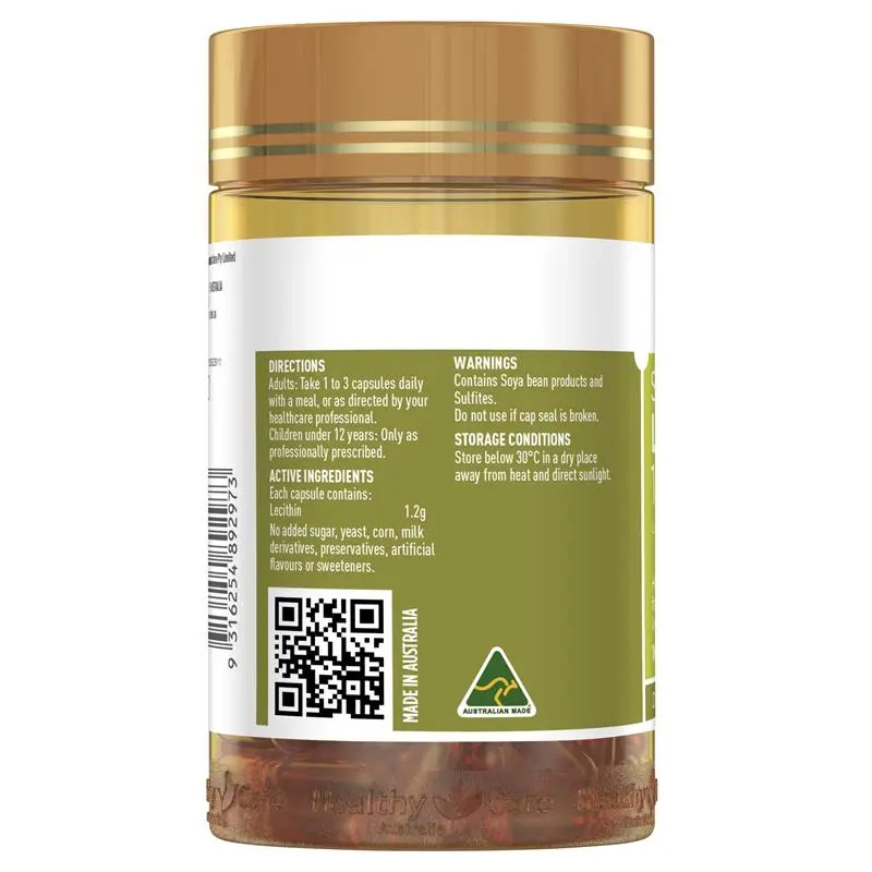 Healthy Care Super Lecithin 1200mg 100 Capsules, lecithin supplement supporting liver health, brain function and healthy fat metabolism.