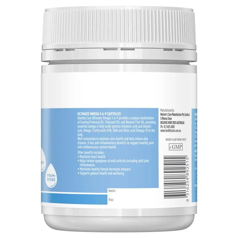 Healthy Care Ultimate Omega 3-6-9 200 Capsules, essential fatty acid supplement supporting heart health, brain function and joint mobility.