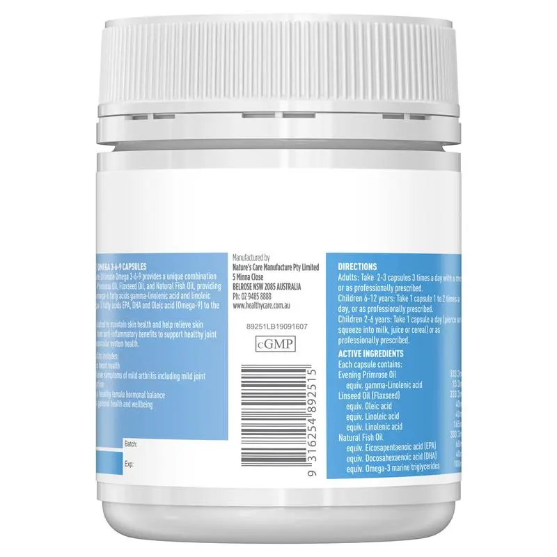 Healthy Care Ultimate Omega 3-6-9 200 Capsules, essential fatty acid supplement supporting heart health, brain function and joint mobility.