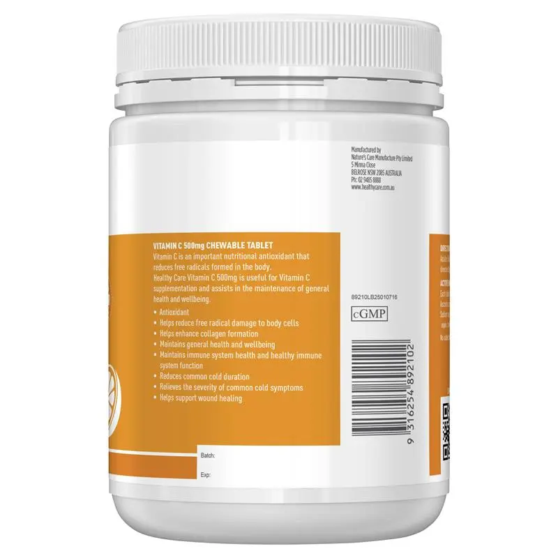 Healthy Care Vitamin C 500mg Chewable 500 Tablets, immune support supplement providing antioxidant protection and daily vitamin C for adults and children.