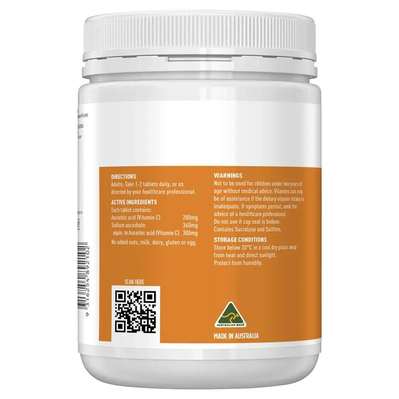 Healthy Care Vitamin C 500mg Chewable 500 Tablets, immune support supplement providing antioxidant protection and daily vitamin C for adults and children.