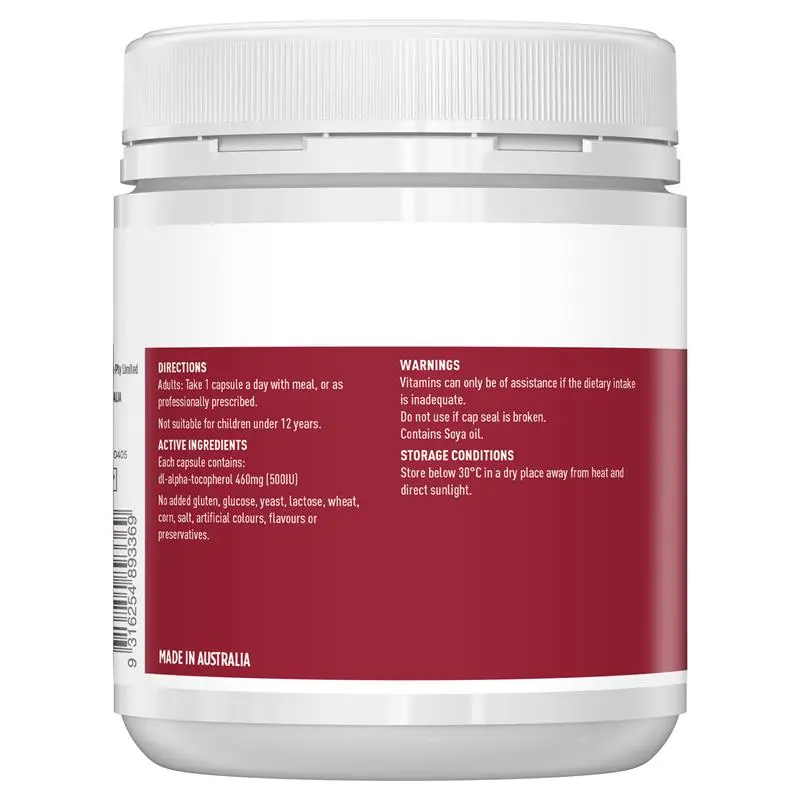 Healthy Care Vitamin E 500IU 200 Capsules, antioxidant vitamin supplement supporting skin health, immune function and cellular protection.