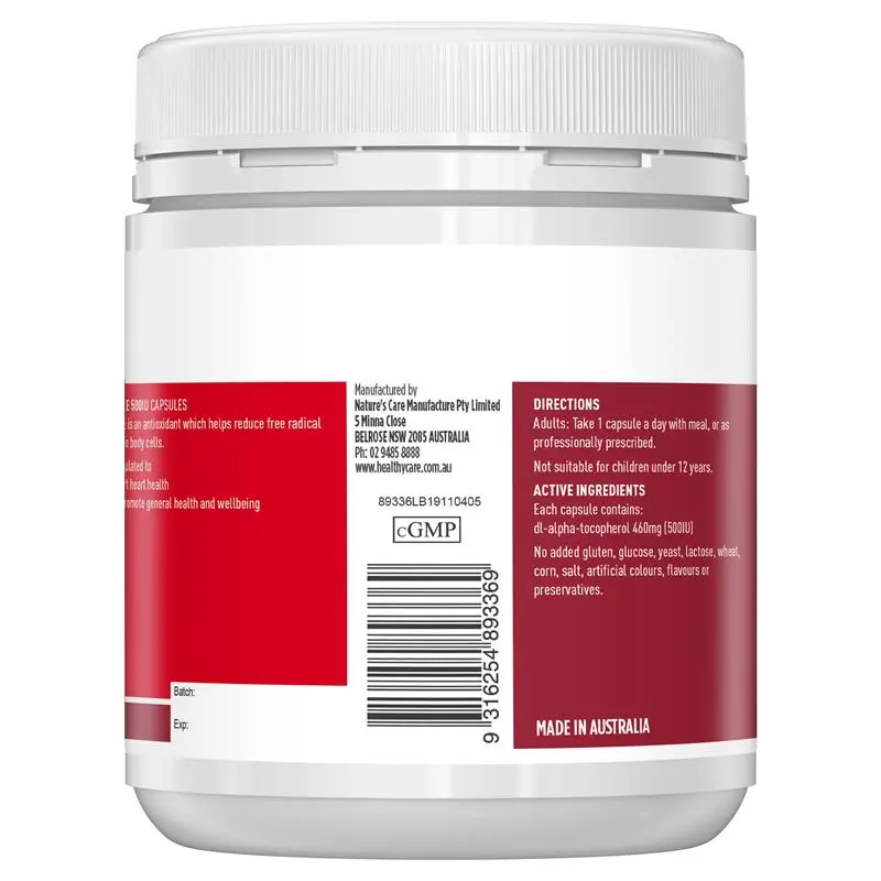 Healthy Care Vitamin E 500IU 200 Capsules, antioxidant vitamin supplement supporting skin health, immune function and cellular protection.