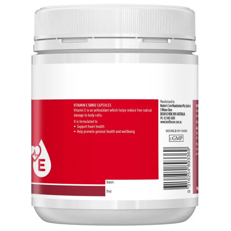Healthy Care Vitamin E 500IU 200 Capsules, antioxidant vitamin supplement supporting skin health, immune function and cellular protection