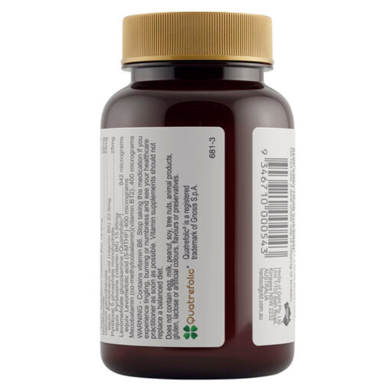 Herbs of Gold Activated B Complex 30 Vegetarian Capsules with activated B vitamins for energy production and nervous system support.