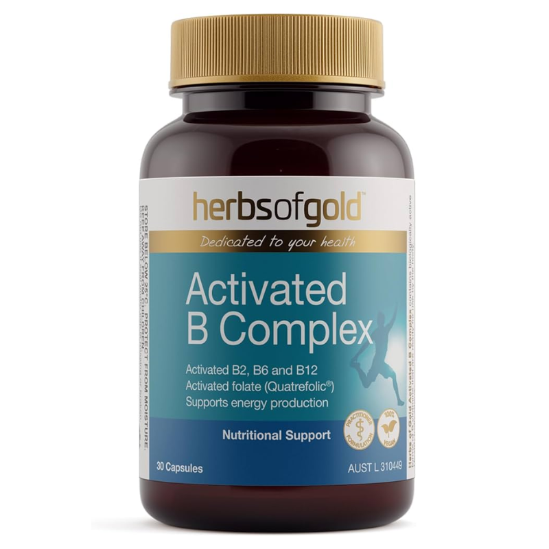 Herbs of Gold Activated B Complex 30 Vegetarian Capsules with activated B vitamins for energy production and nervous system support.