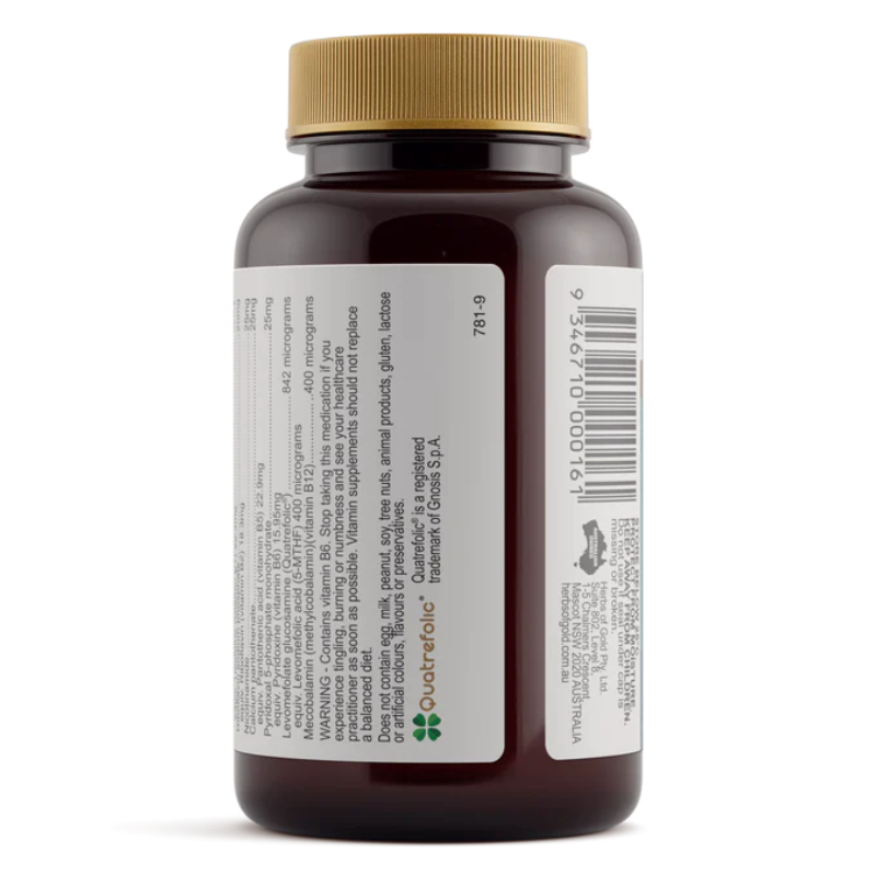 Herbs of Gold Activated B Complex 60 Vegetarian Capsules with activated B vitamins for energy production and nervous system support.