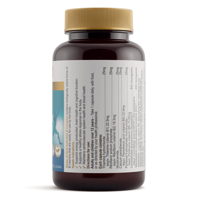 Herbs of Gold Activated B Complex 60 Vegetarian Capsules with activated B vitamins for energy production and nervous system support.