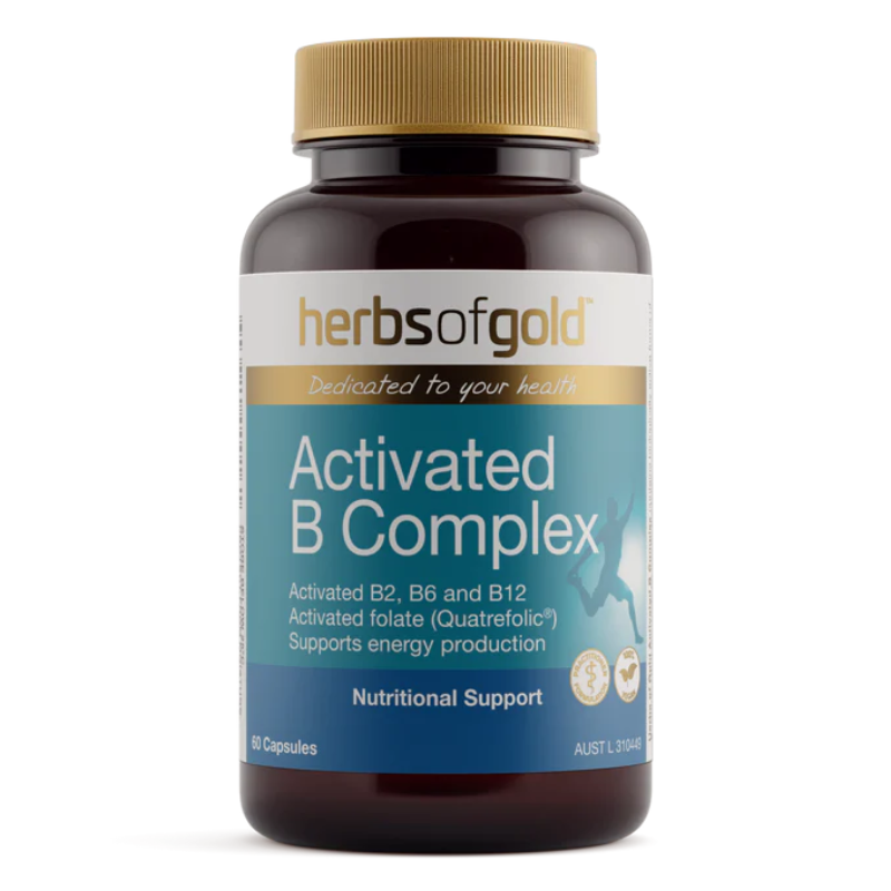 Herbs of Gold Activated B Complex 60 Vegetarian Capsules with activated B vitamins for energy production and nervous system support.