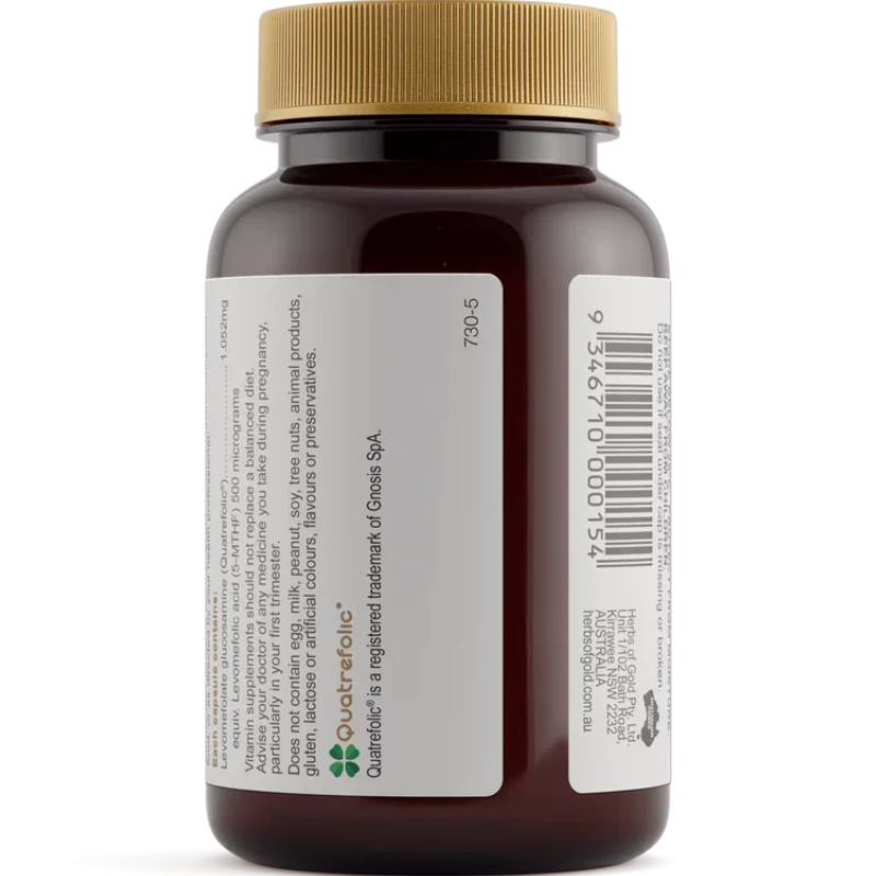 Herbs of Gold Activated Folate 500 60 Vegetarian Capsules with Quatrefolic® 5-MTHF to support cardiovascular, brain and prenatal health.