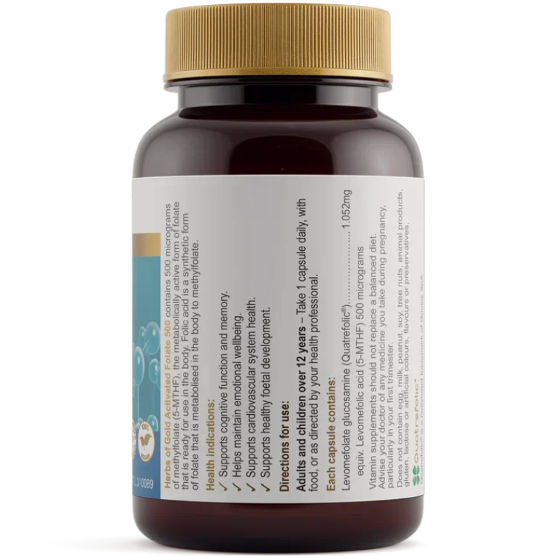 Herbs of Gold Activated Folate 500 60 Vegetarian Capsules with Quatrefolic® 5-MTHF to support cardiovascular, brain and prenatal health.