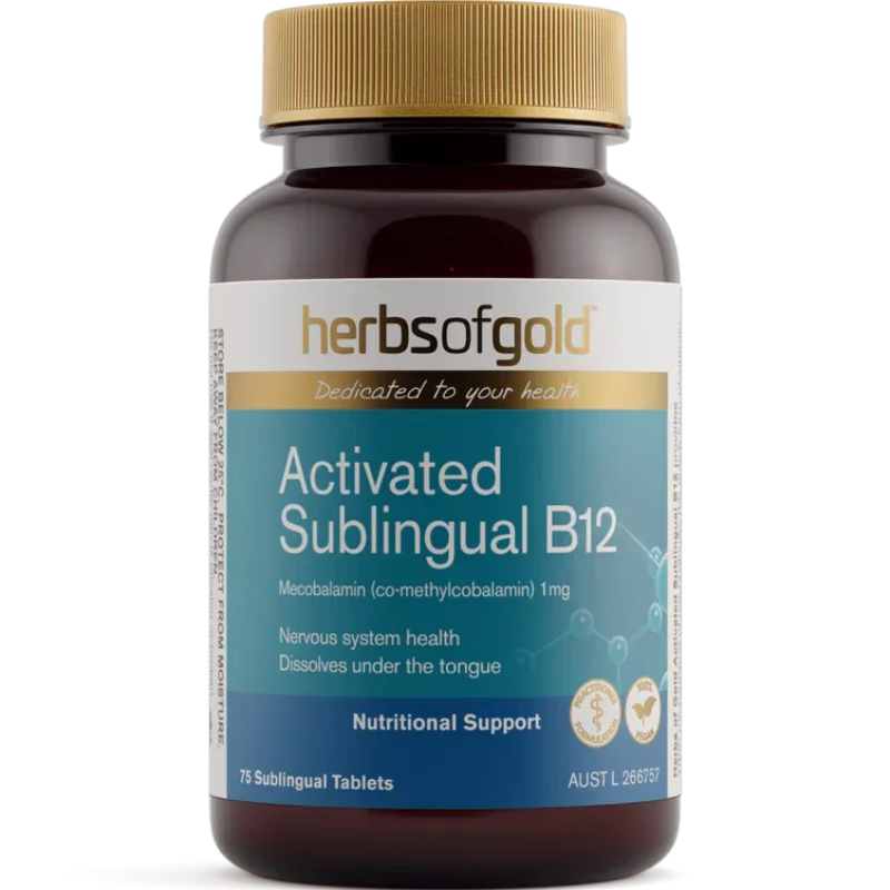 Herbs of Gold Activated Sublingual B12 75 Tablets with active methylcobalamin to support energy, brain and nervous system health.