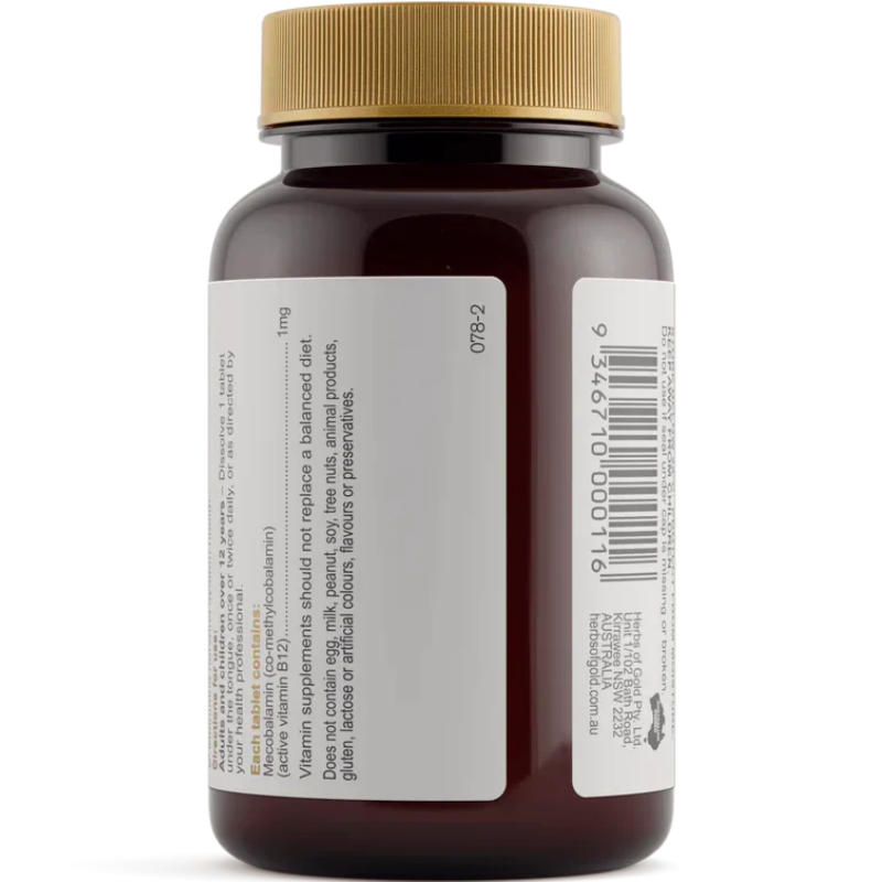 Herbs of Gold Activated Sublingual B12 75 Tablets with active methylcobalamin to support energy, brain and nervous system health.
