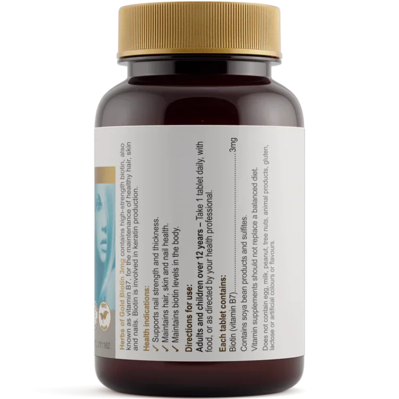 Herbs of Gold Biotin 3mg 60 Tablets with high-strength vitamin B7 to support healthy hair, skin and nails.