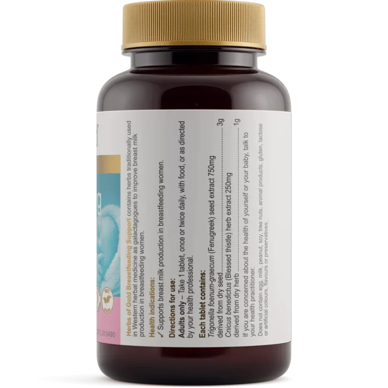 Herbs of Gold Breastfeeding Support 60 Tablets with fenugreek and blessed thistle to support healthy breast milk production.