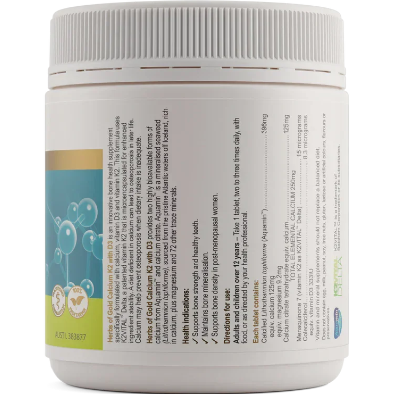Herbs of Gold Calcium K2 with D3 180 Tablets with calcium, vitamin K2 and vitamin D3 for strong bones and healthy teeth.