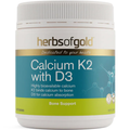 Herbs of Gold Calcium K2 with D3 180 Tablets with calcium, vitamin K2 and vitamin D3 for strong bones and healthy teeth.