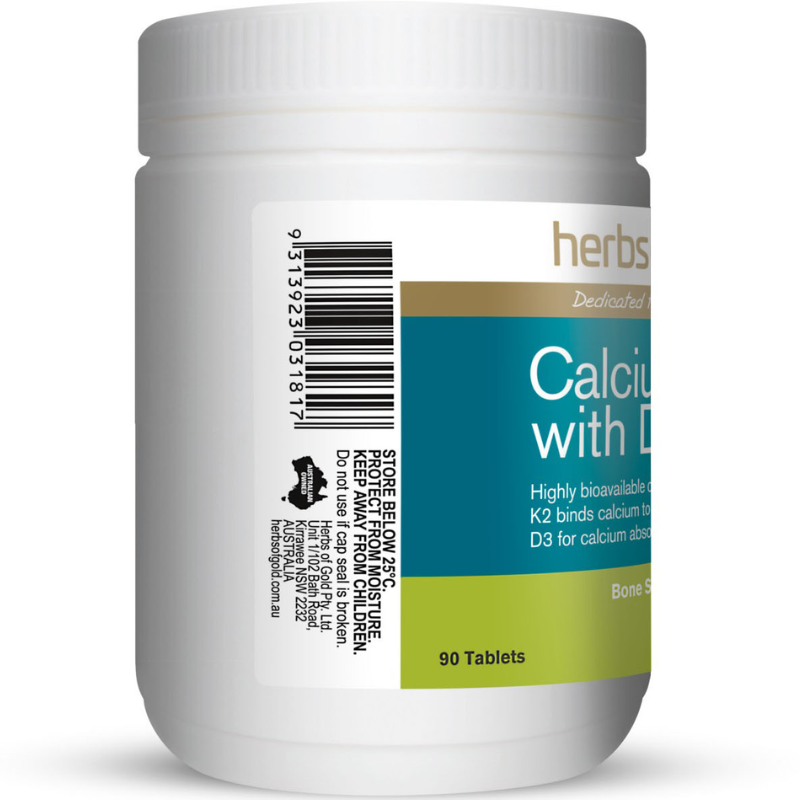 Herbs of Gold Calcium K2 with D3 90 Tablets with calcium, vitamin K2 and vitamin D3 for strong bones and healthy teeth.