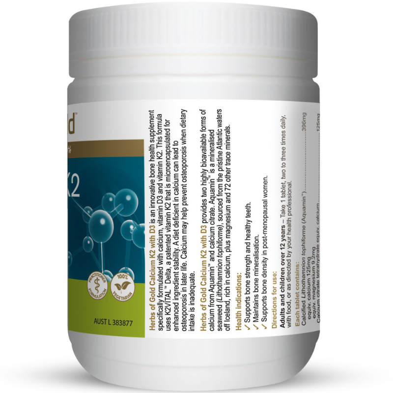 Herbs of Gold Calcium K2 with D3 90 Tablets with calcium, vitamin K2 and vitamin D3 for strong bones and healthy teeth.