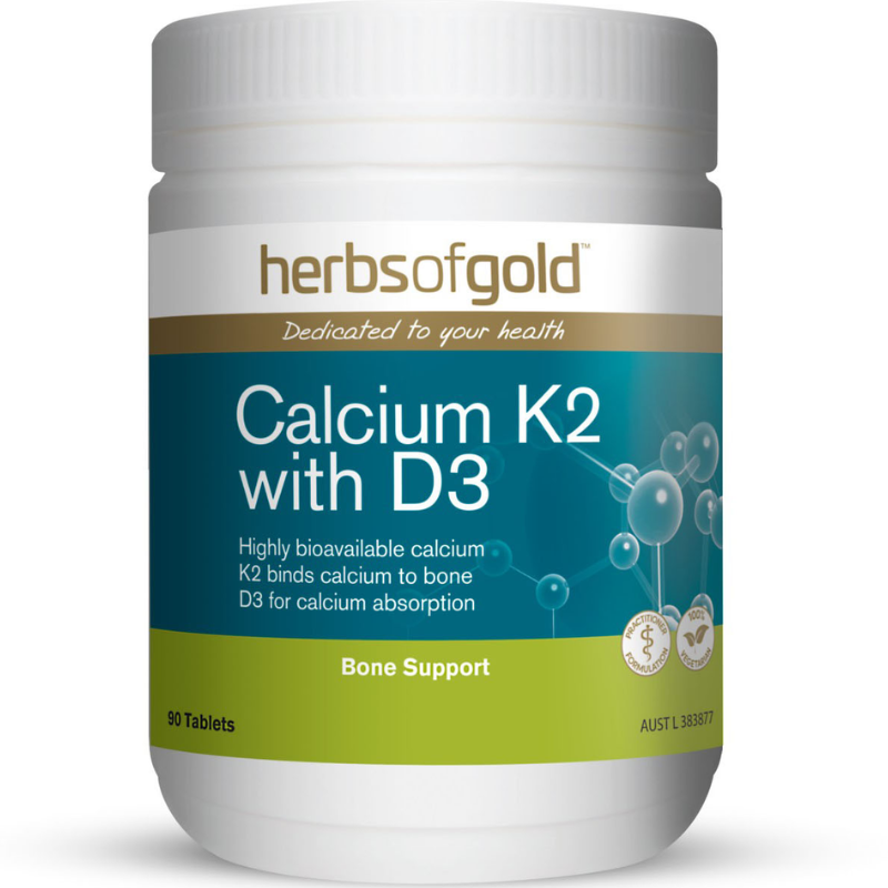 Herbs of Gold Calcium K2 with D3 90 Tablets with calcium, vitamin K2 and vitamin D3 for strong bones and healthy teeth.