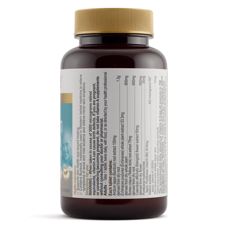 Herbs of Gold Clear Skin 60 Tablets with burdock, echinacea, zinc and vitamin A to support healthy skin and relieve mild acne.