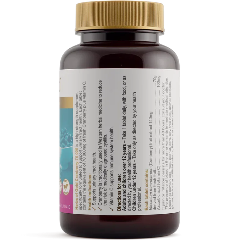 Herbs of Gold Cranberry 70000 50 Tablets with cranberry extract and vitamin C to support urinary tract health.