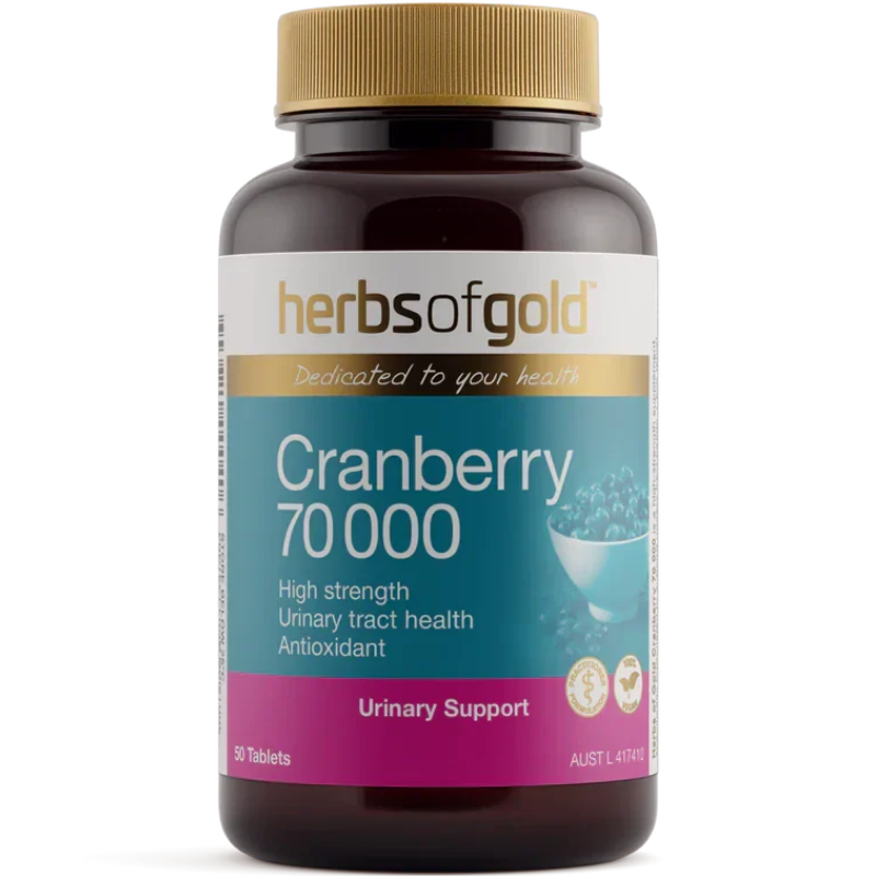Herbs of Gold Cranberry 70000 50 Tablets with cranberry extract and vitamin C to support urinary tract health.