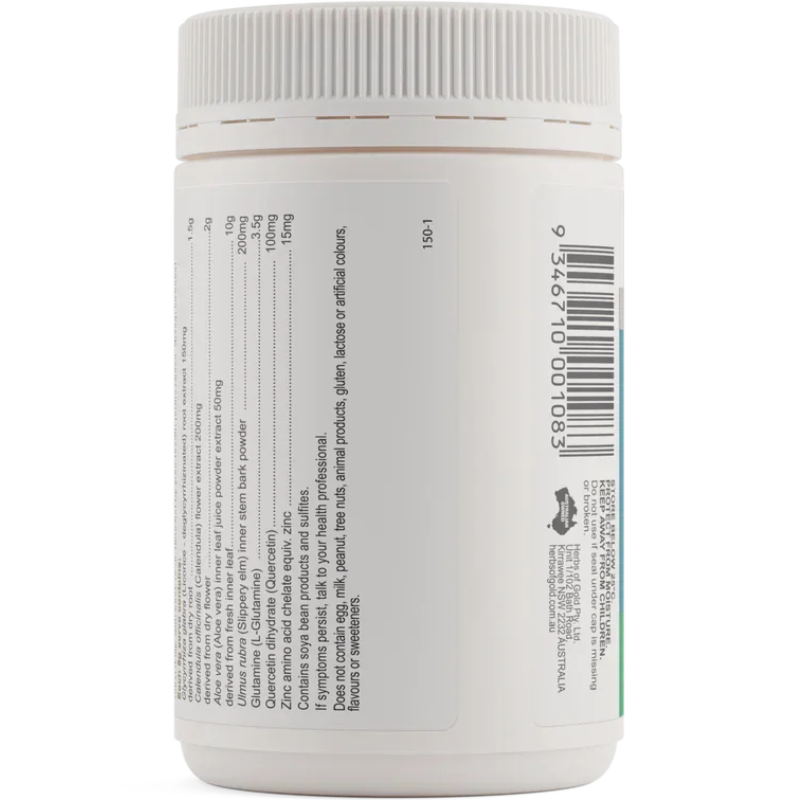 Herbs of Gold Gut Care 150g vanilla powder with L-Glutamine, Aloe Vera and Slippery Elm to support digestive and gut health.