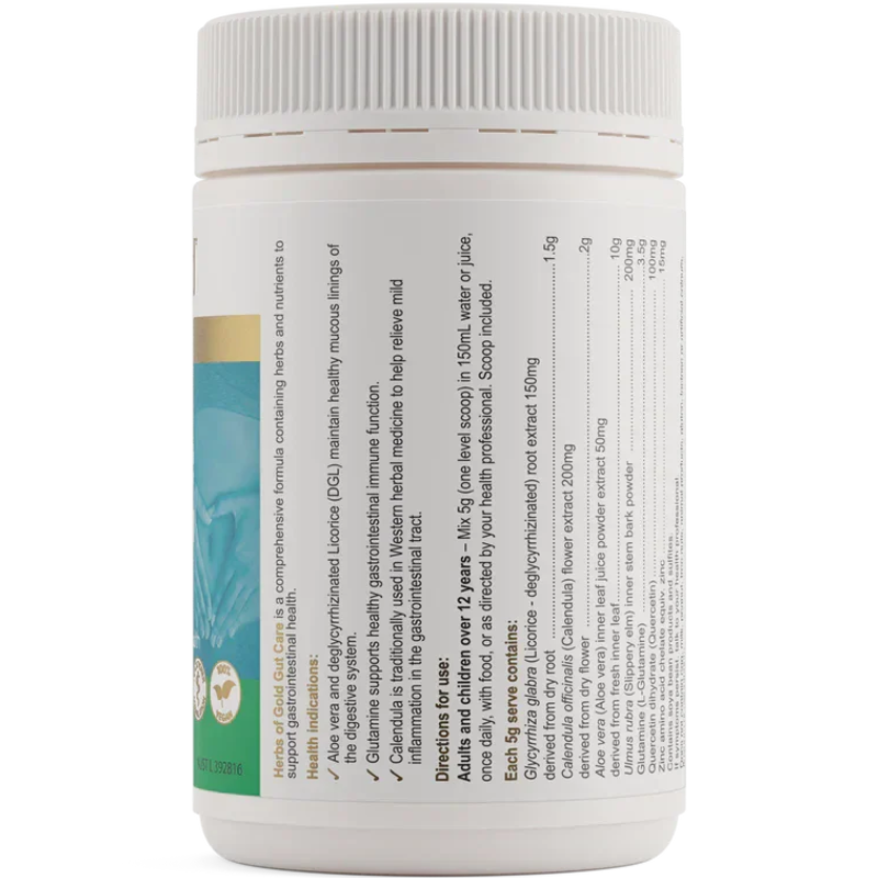 Herbs of Gold Gut Care 150g vanilla powder with L-Glutamine, Aloe Vera and Slippery Elm to support digestive and gut health.