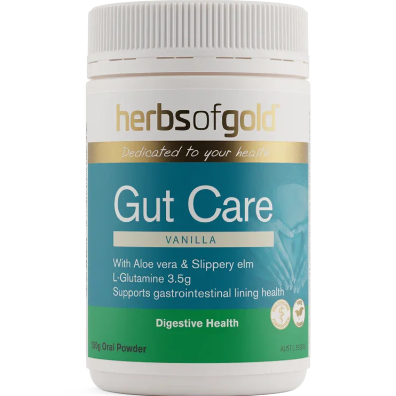 Herbs of Gold Gut Care 150g vanilla powder with L-Glutamine, Aloe Vera and Slippery Elm to support digestive and gut health.