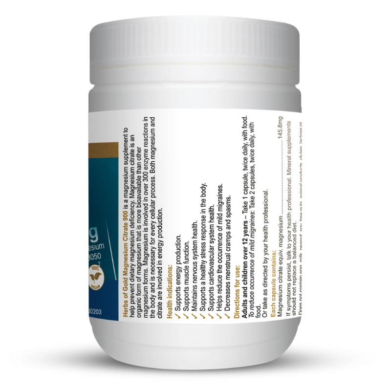 Herbs of Gold Magnesium Citrate 900 120 Capsules high absorption magnesium supplement for muscle and nervous system health.