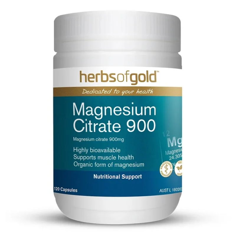 Herbs of Gold Magnesium Citrate 900 120 Capsules high absorption magnesium supplement for muscle and nervous system health.