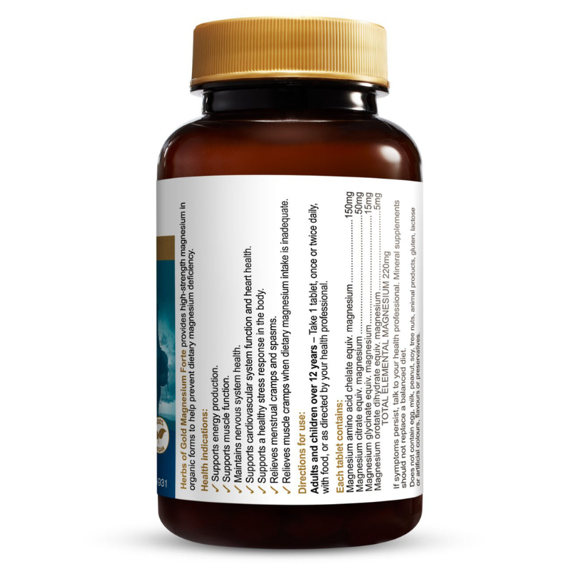 Herbs of Gold Magnesium Forte 60 Tablets high strength organic magnesium supplement for muscle, nerve and bone health.
